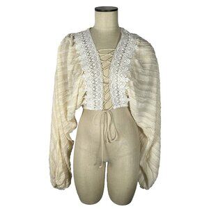 Salanta Lantern Sleeve Cream White Boho Lace Tie Shear Crop Top Size Small